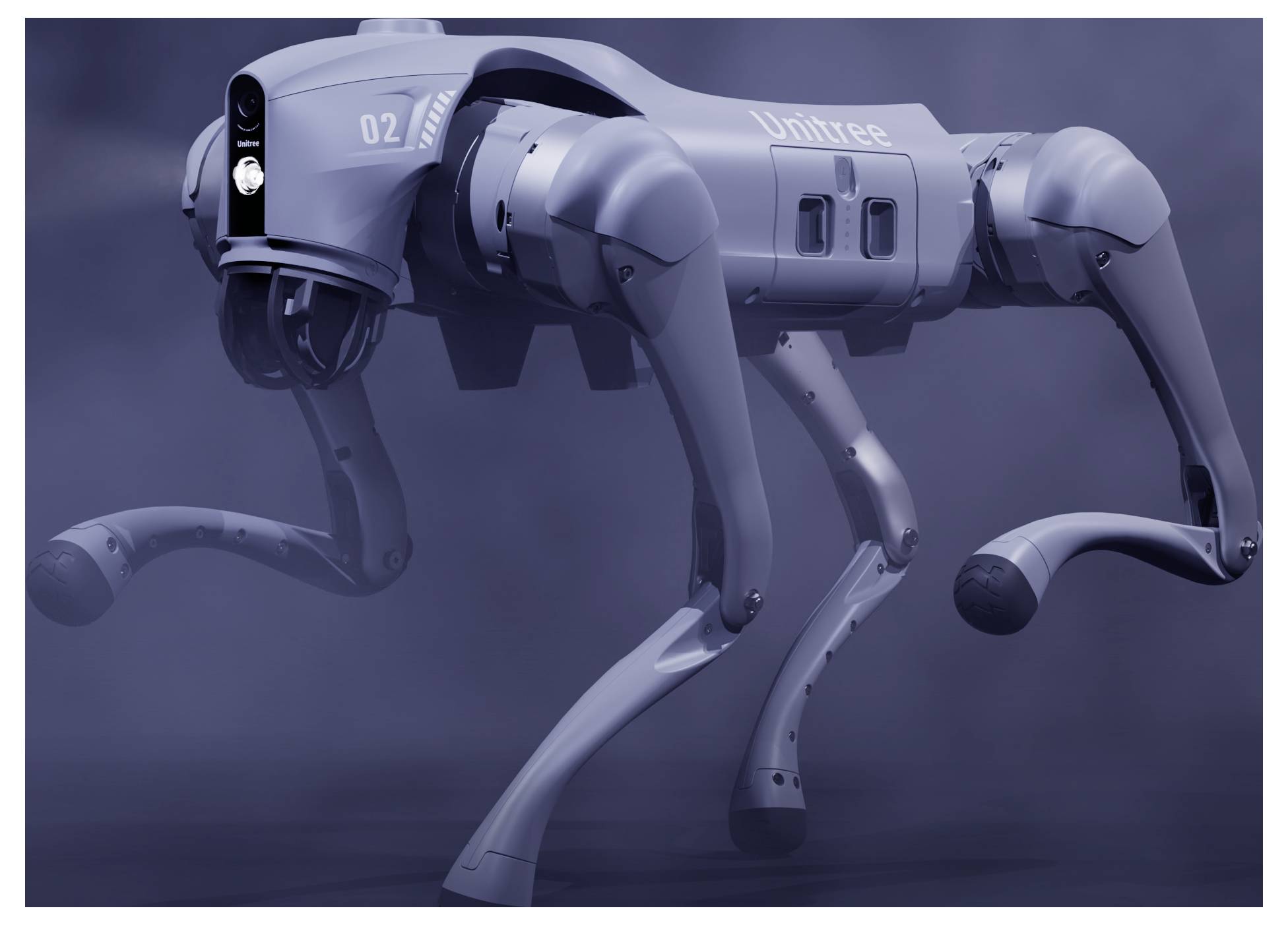 Quadrupedal-Roboterhund mit schlankem grauem Körper und gelenkigen Beinen, mit der Bezeichnung '02' und 'Unitree', stehend in einer studioähnlichen Szene.