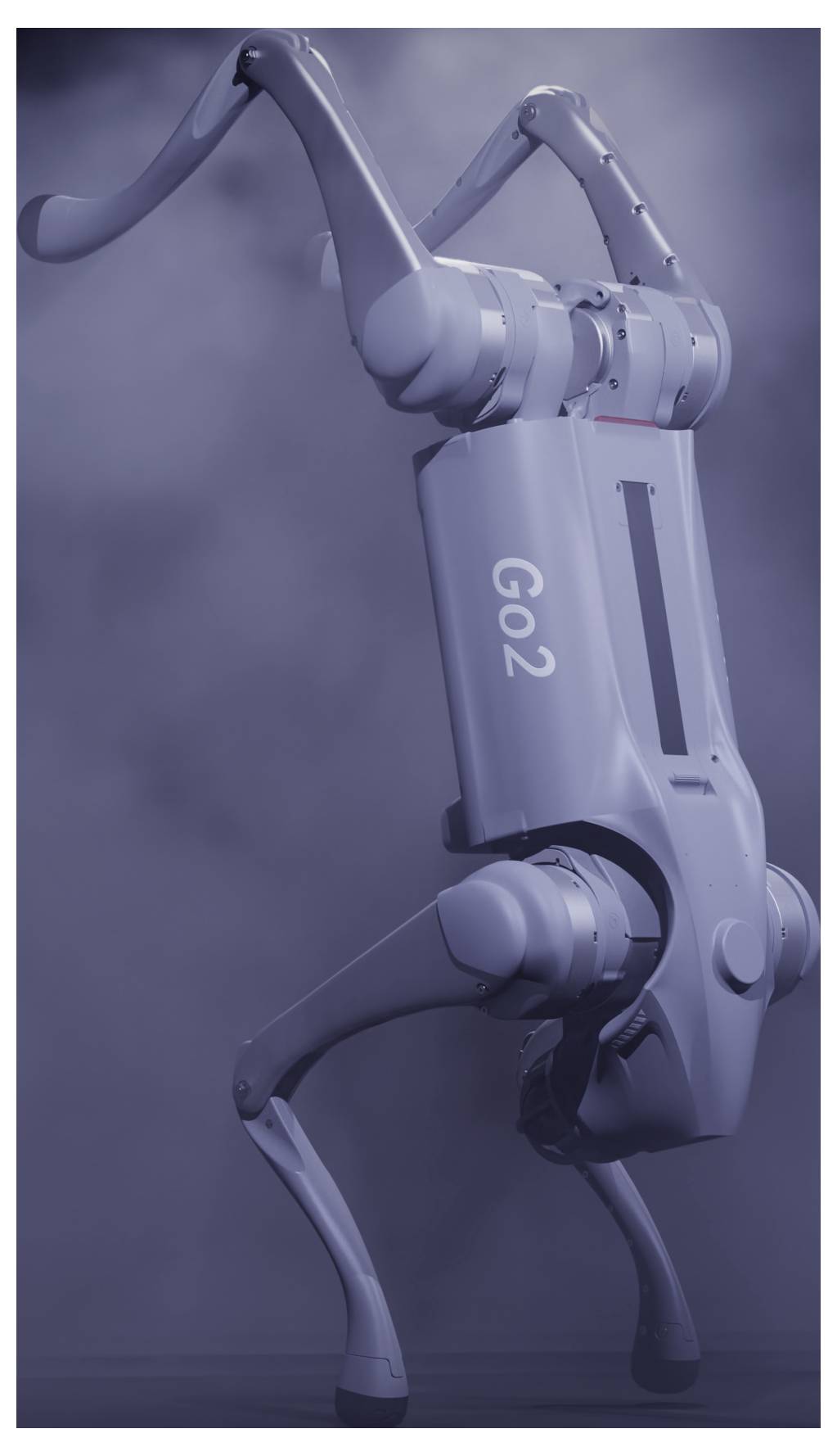 Ein eleganter Roboter auf vier Beinen mit der Bezeichnung "Go2" steht aufrecht in einer studioähnlichen Umgebung, dargestellt in Seitenansicht mit flexiblen Beinen und am Körper montierten Sensoren.