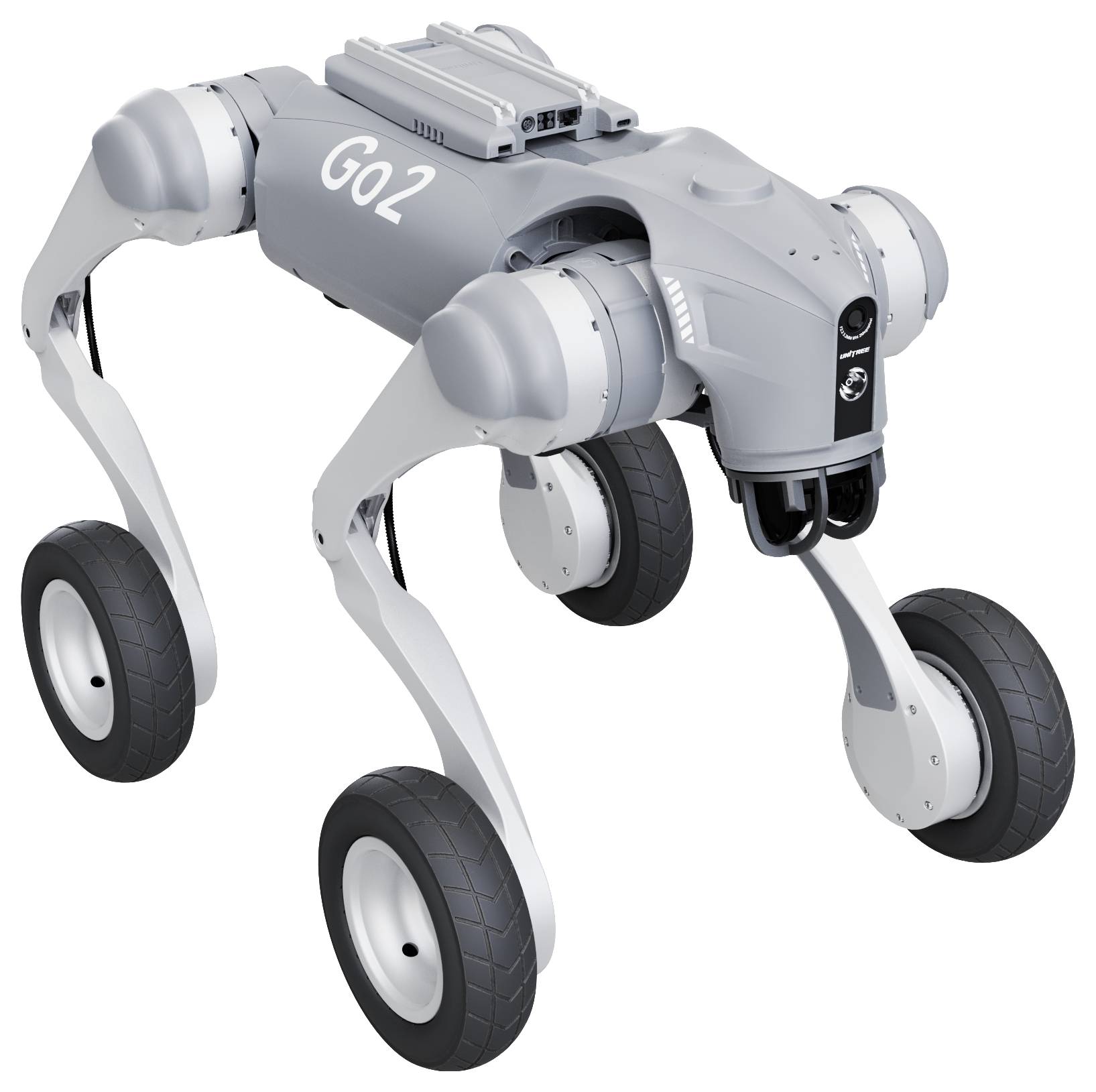 Vierbeiner-Roboterhund mit Rädern, gekennzeichnet als "GO2", in der Seitenansicht auf weißem Hintergrund dargestellt.