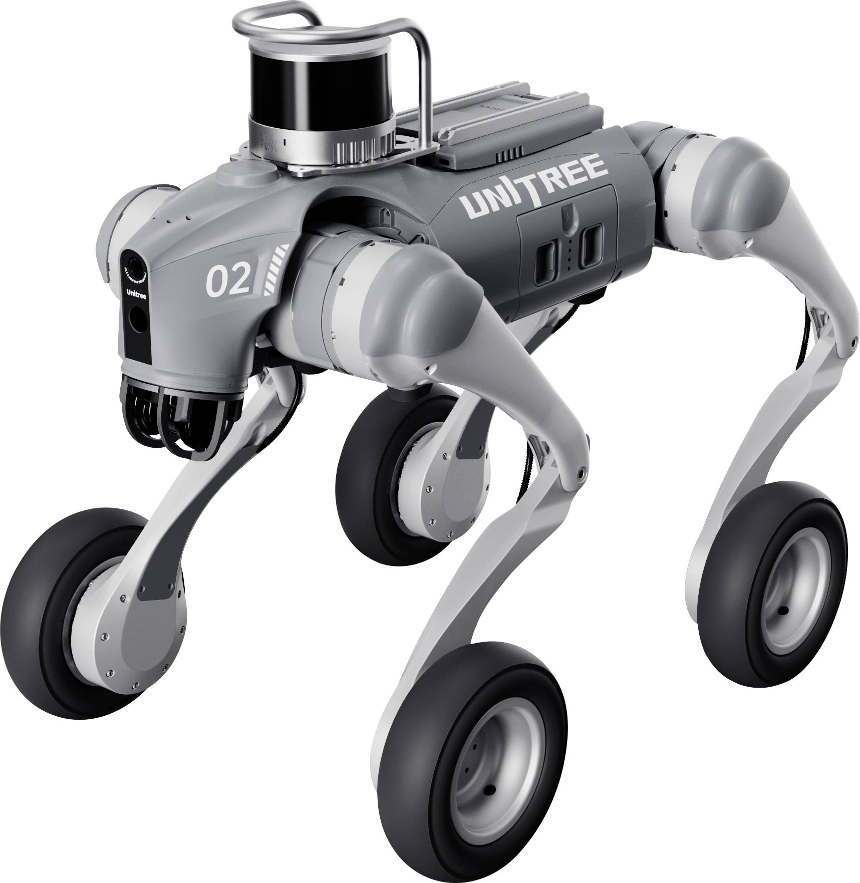 Vierbeiniger Unitree-Roboter mit Rädern an jedem Bein, in Seitenansicht auf weißem Hintergrund gezeigt, beschriftet mit "UNITREE" und "02".