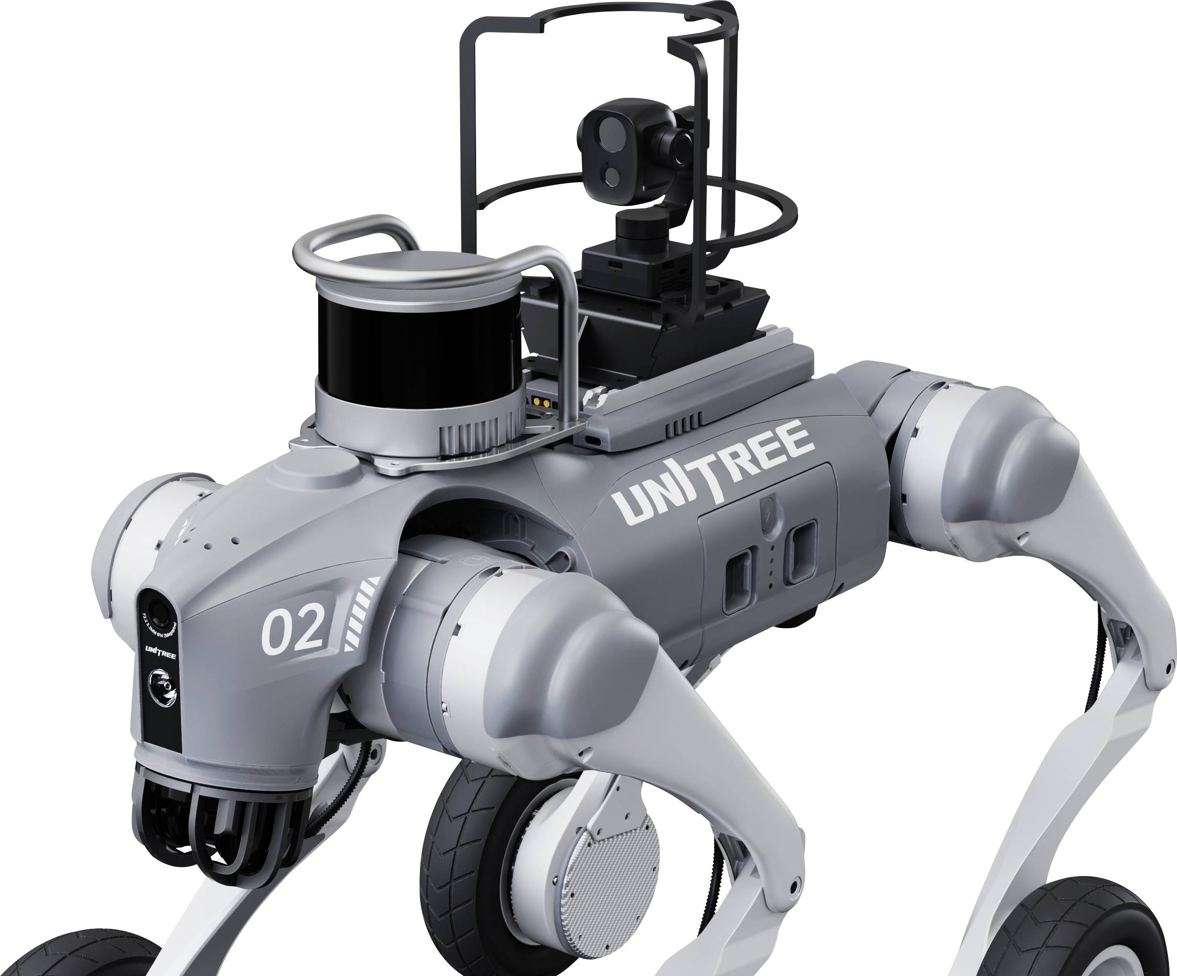Vierbeiniger UNITREE-Roboterhund mit grauem Körper, sichtbaren Sensoren und Rädern, dargestellt auf weißem Hintergrund.
