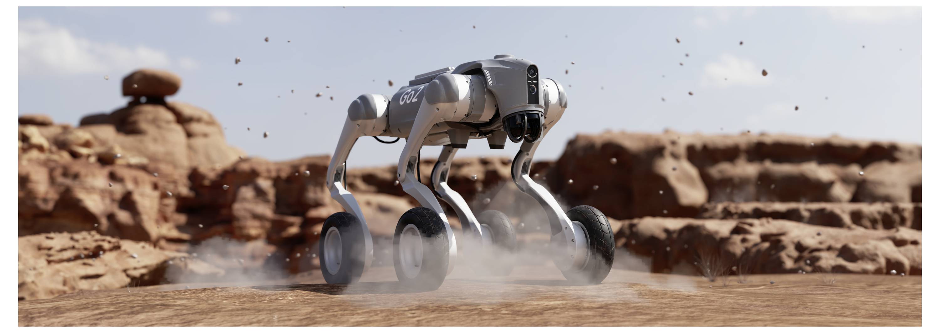 Ein vierbeiniger Roboterhund geht über eine staubige Wüste, mit roten Felsenformationen im Hintergrund.