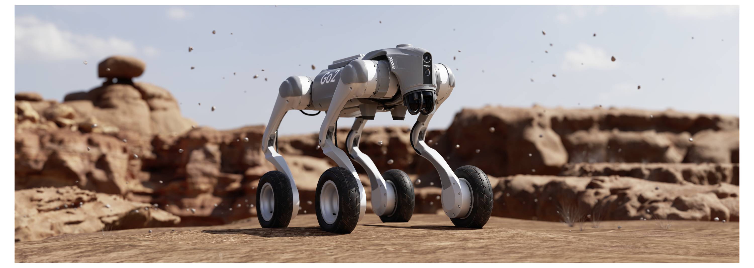 Ein vierbeiniger Roboterhund, der auf einer felsigen Wüstenlandschaft läuft, mit einer kleinen menschlichen Figur in der Ferne.
