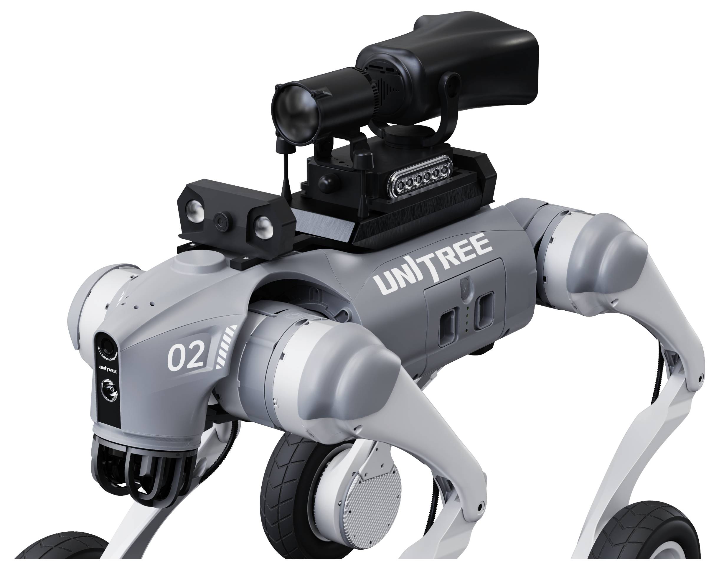Quadrupedal Roboterhund mit grauem Körper, beschriftet mit "UNITREE" und "02", gekrönt durch ein montiertes Sensor-/Kameramodul.