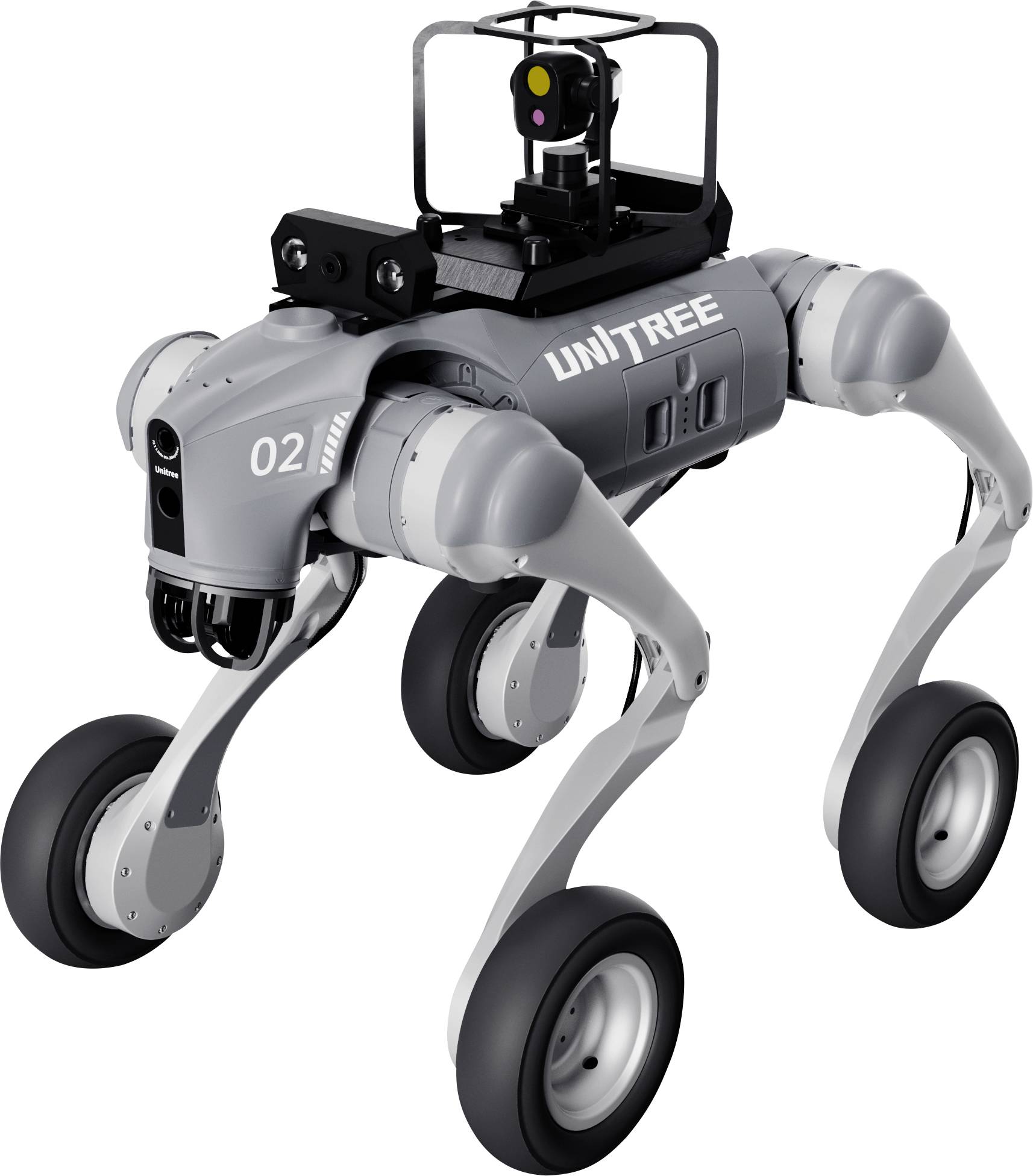 Ein grauer vierbeiniger Unitree-Roboter mit Rädern an jedem Bein, mit der Bezeichnung „02", in einer produktstilartigen Ansicht dargestellt.