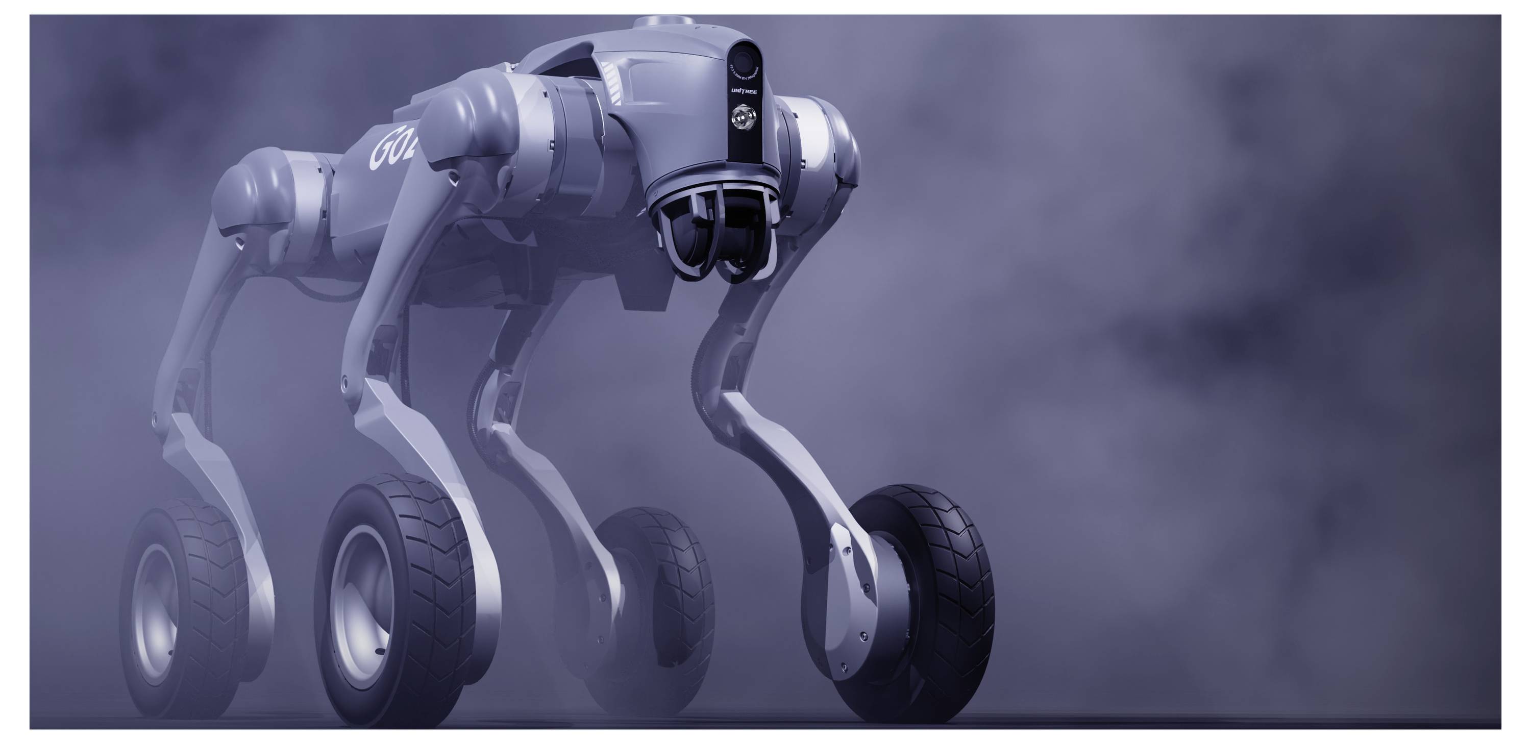 Vierbeiniges Roboterfahrzeug mit großen Rädern, das sich durch eine rauchig-graue Umgebung bewegt.