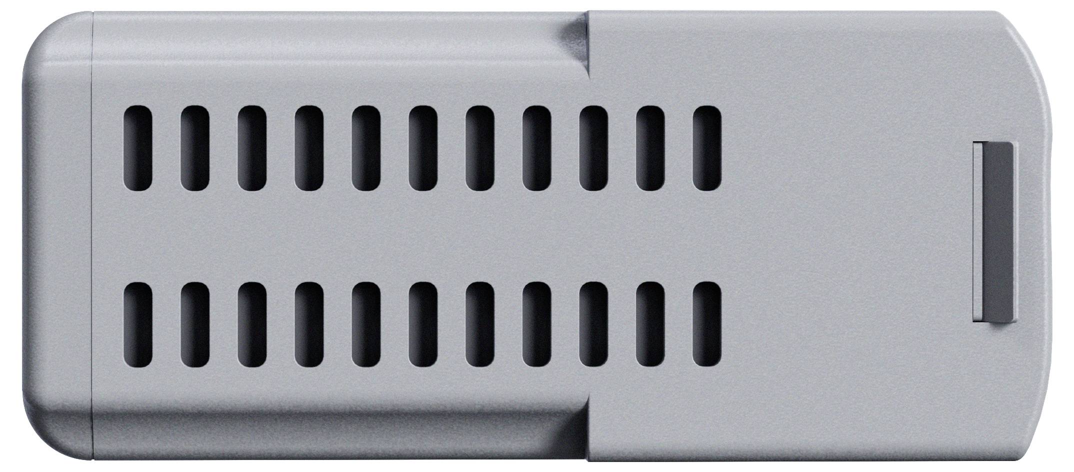 Silbernes rechteckiges elektronisches Gerät mit Belüftungsschlitzen und einem Seitenverbinder, in Nahaufnahme auf weißem Hintergrund dargestellt.