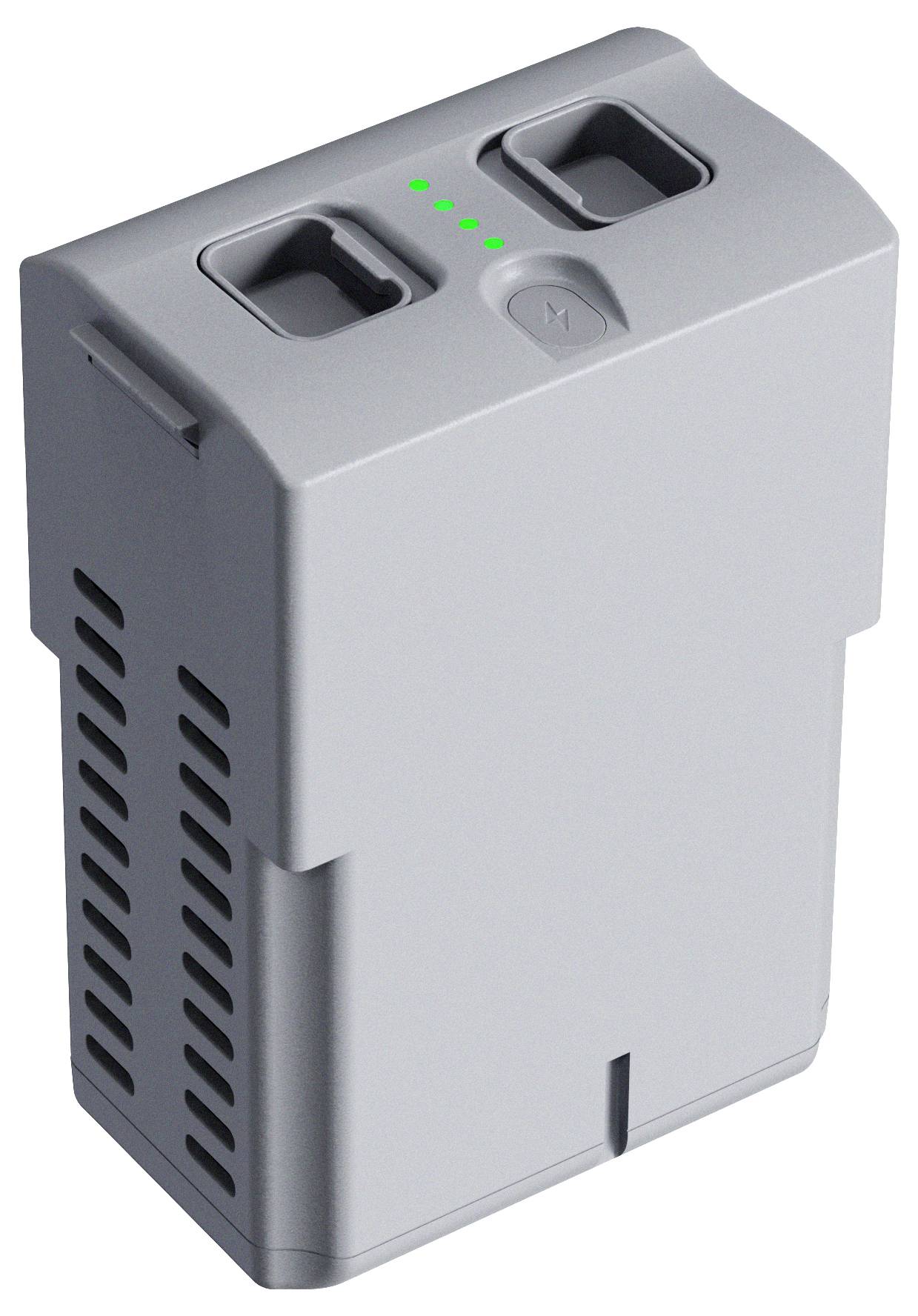 Wiederaufladbarer Silber-Batteriepack mit Anzeigeleuchten und zwei Anschlussslitzen oben.