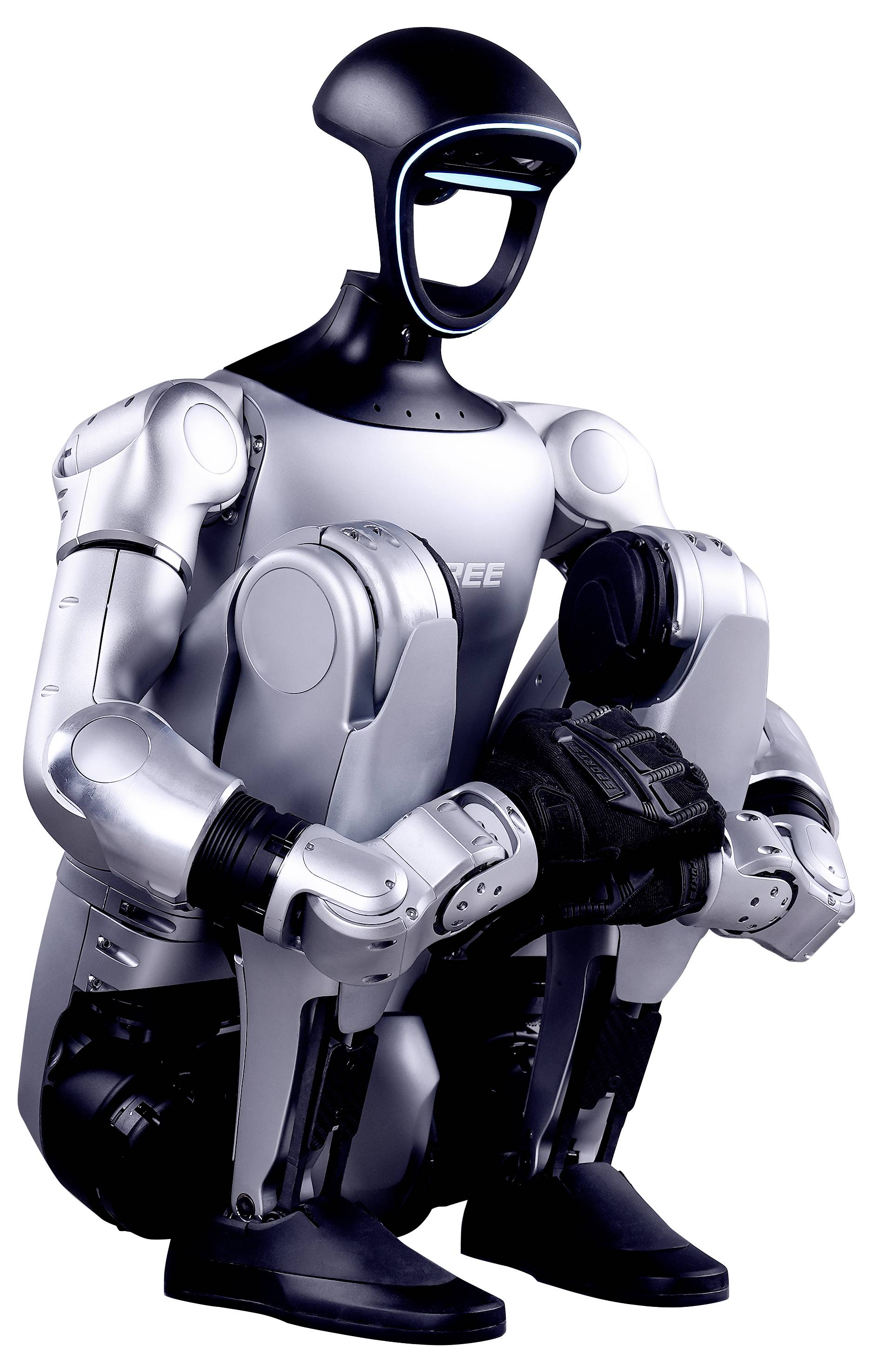 Futuristischer humanoider Roboter in Hockstellung, mit schwarzem und silbernem Körper und leuchtendem blauem Visier, freigestellt auf weißem Hintergrund.