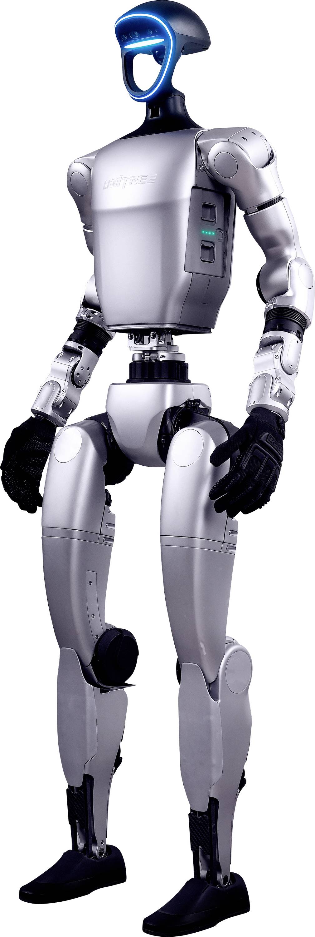 Humanoider Roboter aufrecht stehend, silber und schwarz mit blaubeleuchtetetem Gesicht auf weißem Hintergrund.