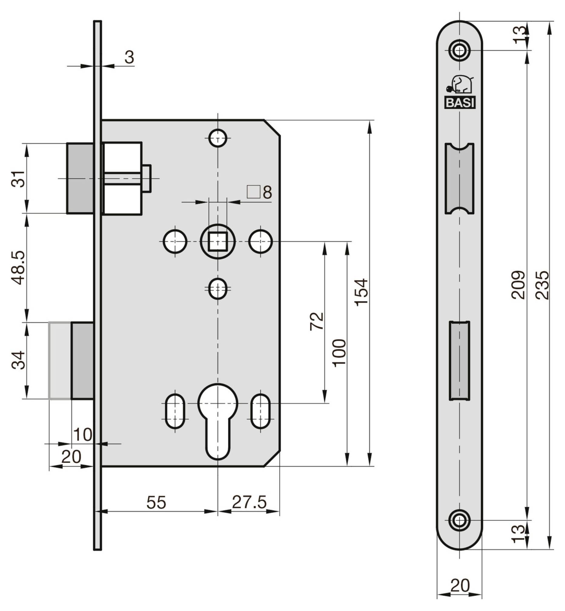 Basi 9280-5510 Einsteck-Zimmertürschloss Edelstahl, Aluminium-1