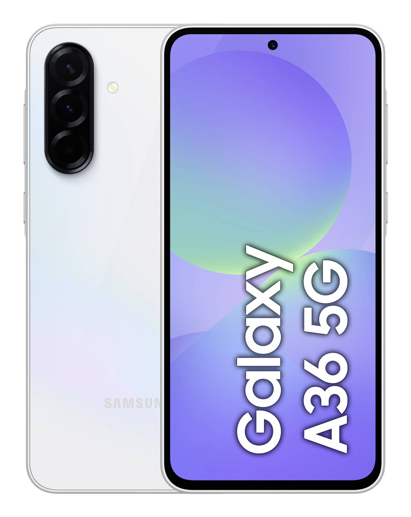 Samsung Galaxy A36 5G Smartphone von vorne und hinten gezeigt, mit dreifacher Rückfahrtkamera und großem Display mit der Beschriftung "Galaxy A36 5G".