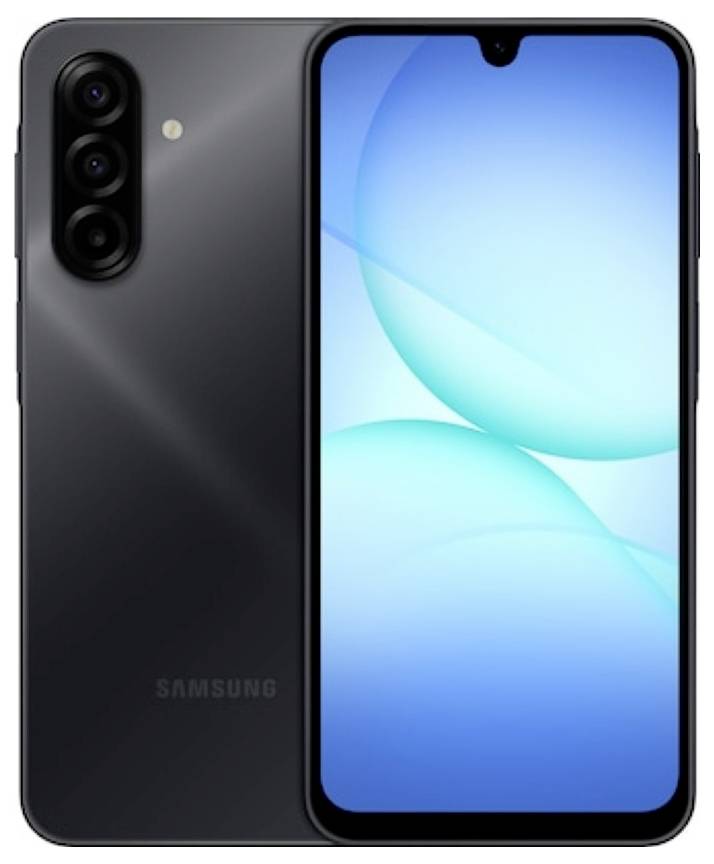 Schwarzes Samsung-Smartphone, von vorne und hinten dargestellt, mit dreifacher Rückkamera und blauem Farbverlauf-Bildschirm.