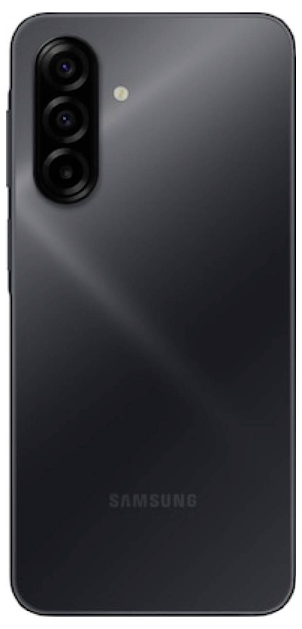 Rückansicht eines schwarzen Samsung-Smartphones mit dreifacher Rückfahrtkamera in einem vertikalen Modul und einem Blitz oben.