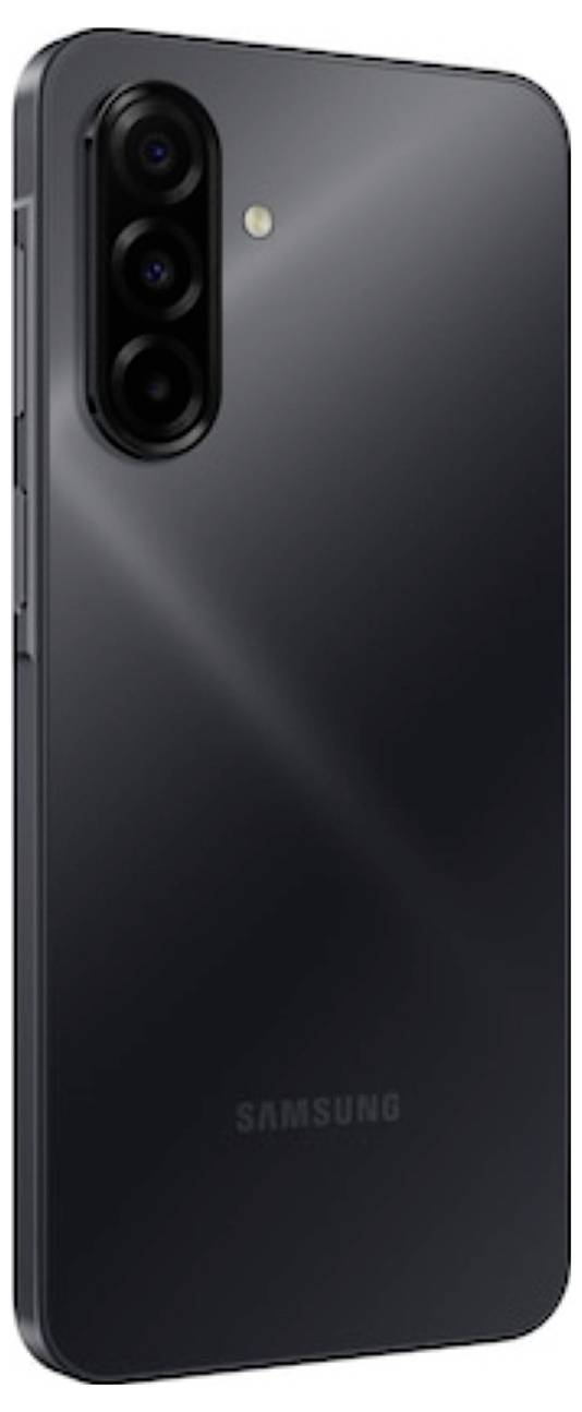 Schwarzes Samsung-Smartphone von hinten gezeigt, mit einem dreifachen rückwärtigen Kameramodul und Blitz in der oberen linken Ecke.
