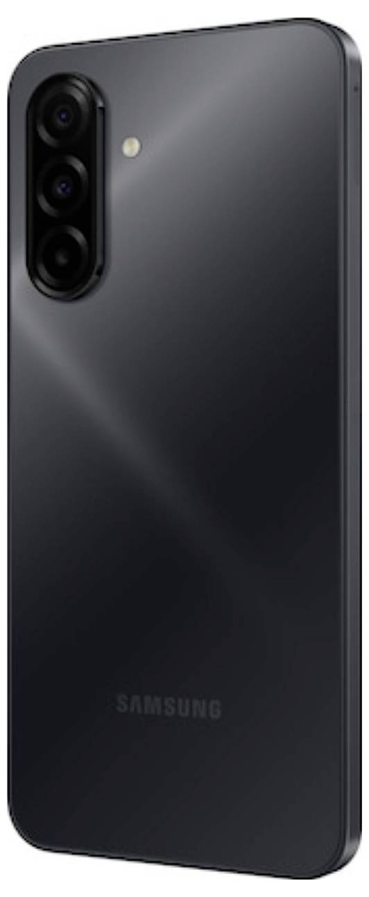 Rückansicht eines schwarzen Samsung-Smartphones mit dreifacher Rückkamera in einem vertikalen Modul und einem kleinen Blitz oben links.