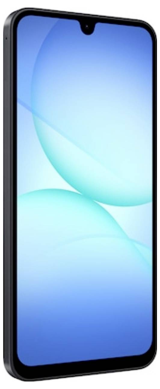 Schwarzes Smartphone in Hochformat mit blauem abstraktem Hintergrundbild und zentrierter vorderer Kamerakerbe.