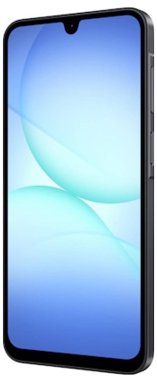 Vorderansicht eines schwarzen Smartphones mit einem blauen abstrakten Hintergrundbild und einer zentrierten oberen Notch.