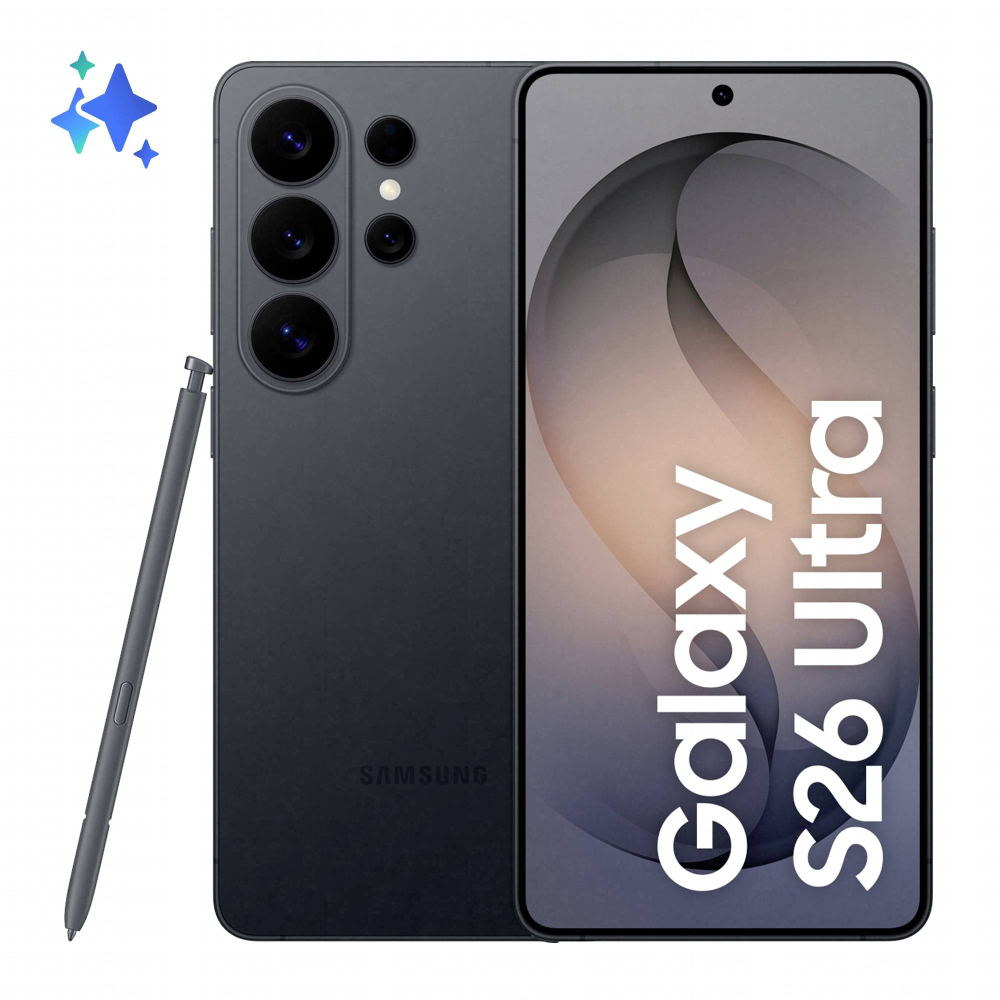 Samsung Galaxy S26 Ultra Smartphone in Front- und Rückansicht mit Stylus, wobei eine große Multi-Kamera auf der Rückseite und der Text „Galaxy S26 Ultra" auf dem Bildschirm hervorgehoben werden.