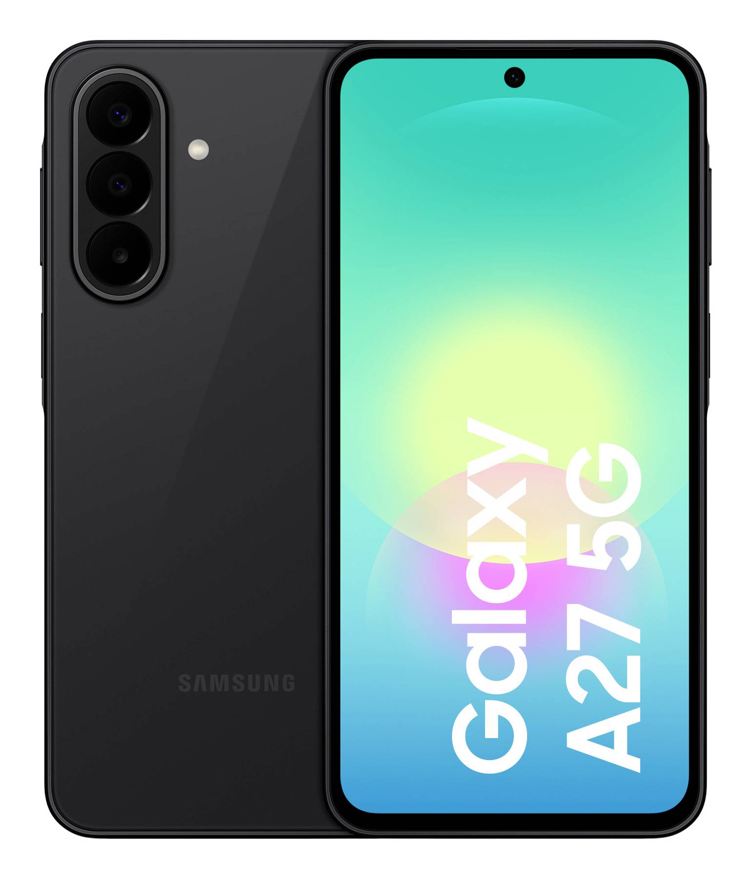 Vorder- und Rückansicht eines schwarzen Samsung Galaxy A27 5G Smartphones mit dreifacher Rückfahrtkamera und "Galaxy A27 5G" auf dem Bildschirm