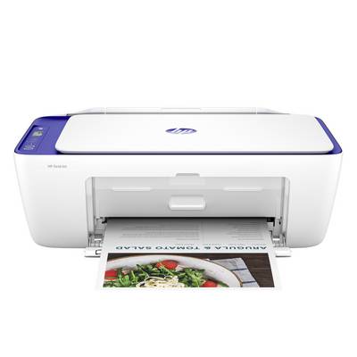 Frontansicht eines weiß-blauen HP DeskJet-Druckers, der eine farbige Seite mit einem Salatfoto und Text druckt.