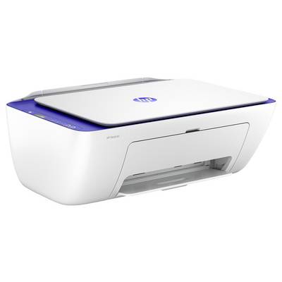 Weißer HP DeskJet Multifunktionsdrucker mit blauen Akzenten, von vorne links angewinkelt auf weißem Hintergrund dargestellt.