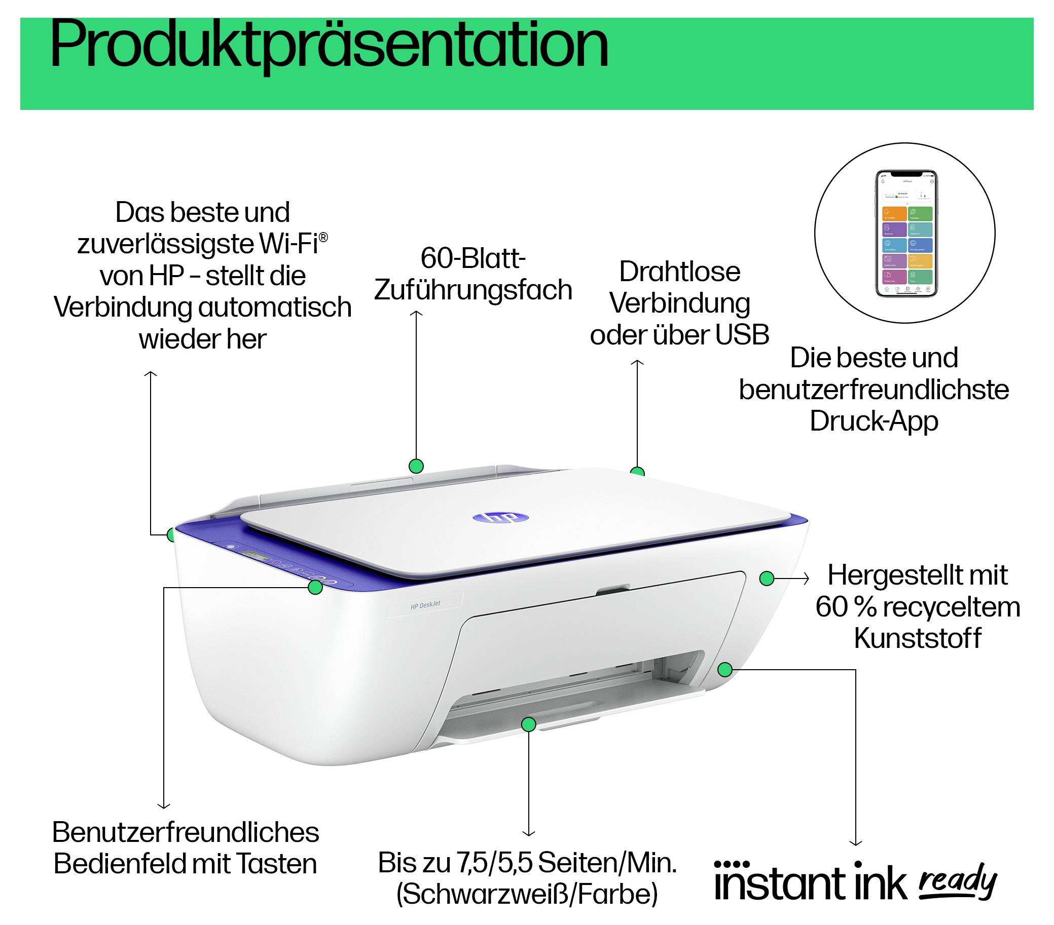HP-Druckerproduktpräsentation mit einem weißen Drucker und gekennzeichneten Funktionen: Wi-Fi, 60-Blatt-Eingabefach, USB-/drahtloses Drucken, recyceltes Kunststoff, Tastensteuerung und bis zu 7,5/5,5 Seiten pro Minute; Instant Ink-bereit.