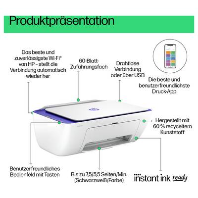 HP-Druckerproduktpräsentation mit einem weißen Drucker und gekennzeichneten Funktionen: Wi-Fi, 60-Blatt-Eingabefach, USB-/drahtloses Drucken, recyceltes Kunststoff, Tastensteuerung und bis zu 7,5/5,5 Seiten pro Minute; Instant Ink-bereit.