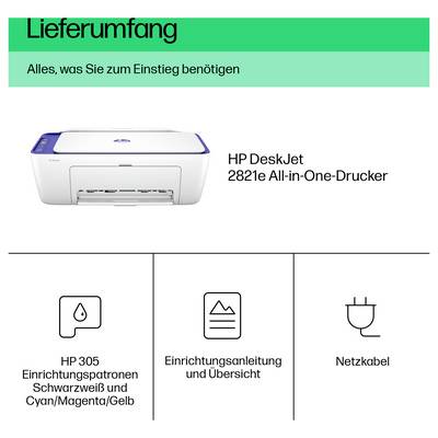 HP DeskJet 2821e Multifunktionsdrucker – Paketinhalt: Drucker, HP 305 Schwarz- und Farbdruckpatronen, Installationsleitfaden und Stromkabel.