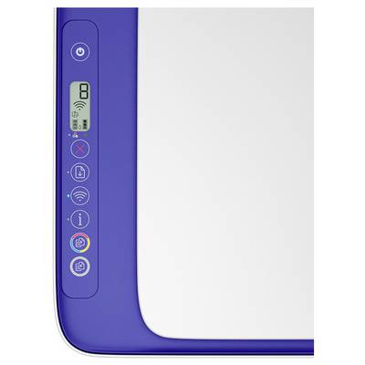 Nahaufnahme eines weißen Druckers mit blauem Bedienfeld, das ein kleines Display, einen Netzschalter, ein Wireless-Symbol, ein Fehler-X und Kopier-/Dokumenttasten zeigt.