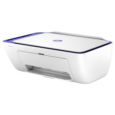 Weißer HP DeskJet-ähnlicher Multifunktionsdrucker in schräglicher Vorderansicht dargestellt, mit blau akzentuiertem oberen Bedienfeld und vorderer Papierausgabeschacht.