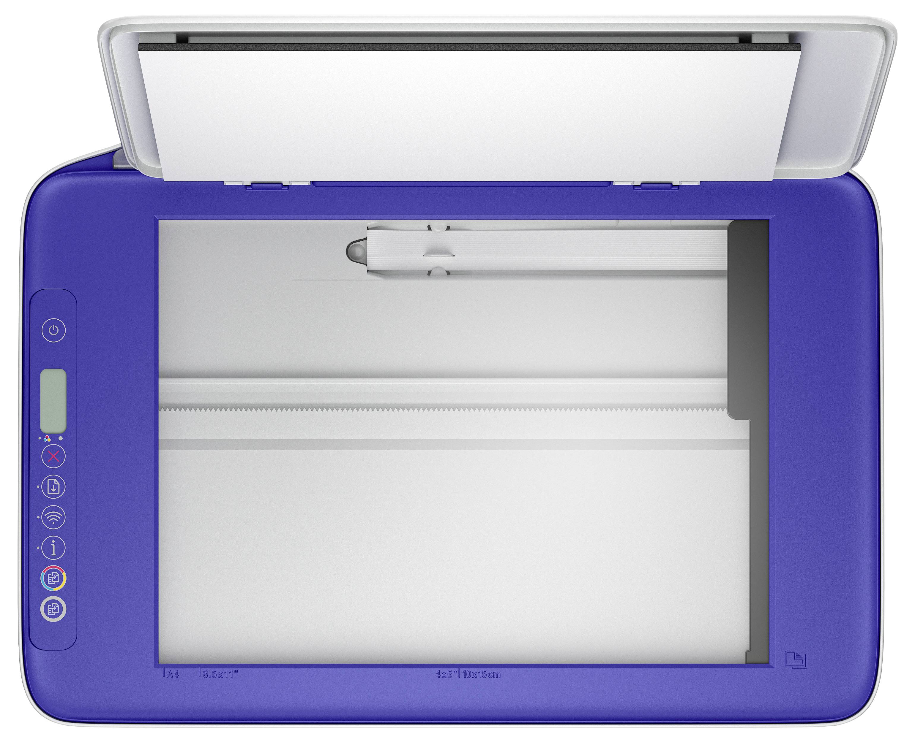 Blauer Multifunktionsdrucker/Scanner mit offenen Deckel, zeigt das leere Scannerbett und Bedienelemente auf der linken Seite.