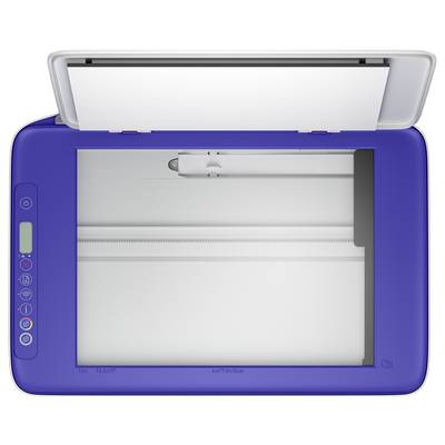 Blauer Multifunktionsdrucker/Scanner mit offenen Deckel, zeigt das leere Scannerbett und Bedienelemente auf der linken Seite.