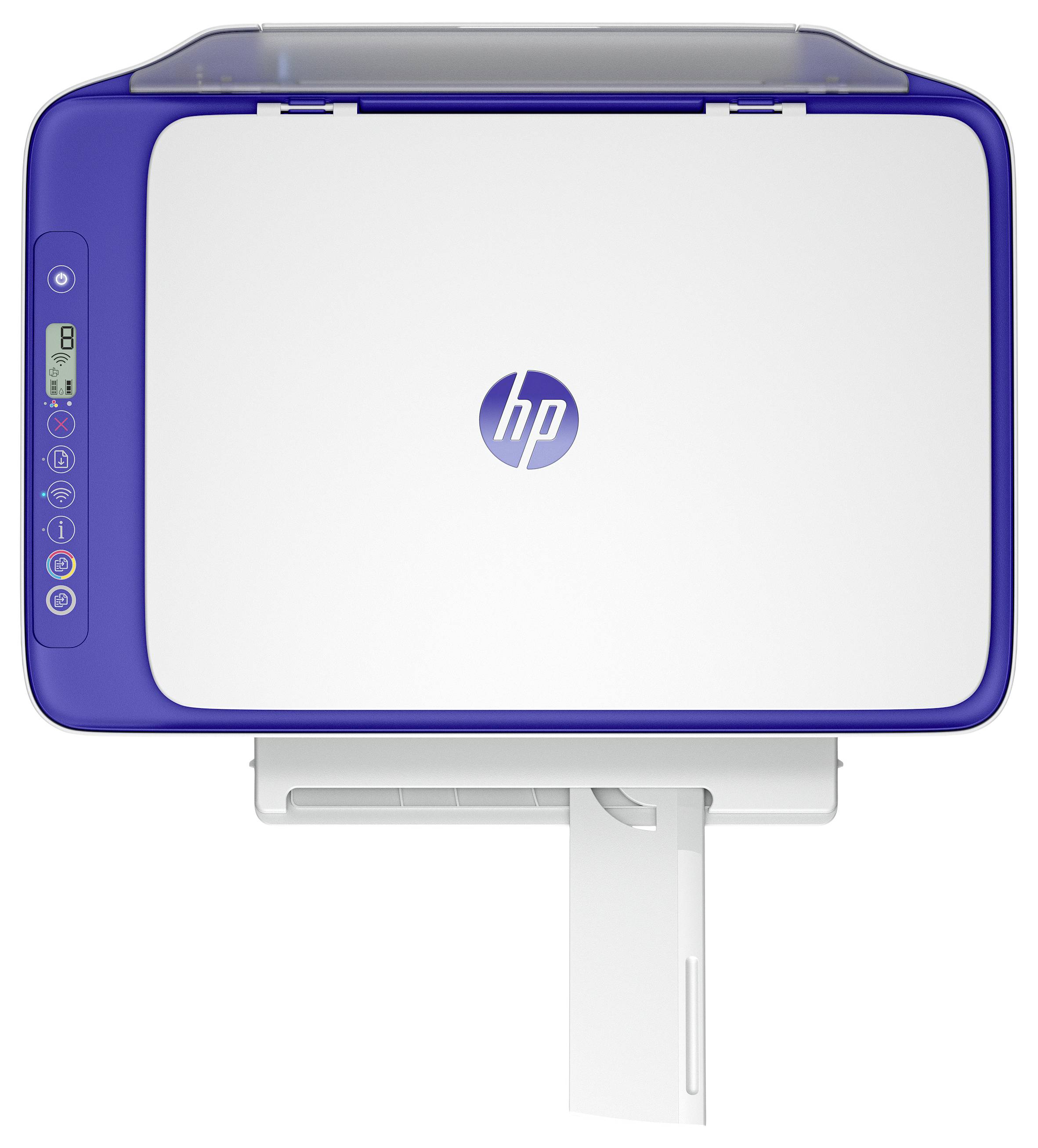 Blauer HP Multifunktionsdrucker/Scanner mit Papierfach und Bedienfeld auf der linken Seite