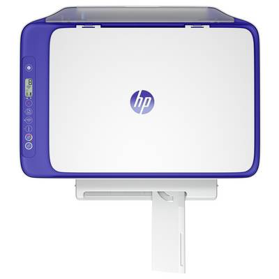 Blauer HP Multifunktionsdrucker/Scanner mit Papierfach und Bedienfeld auf der linken Seite