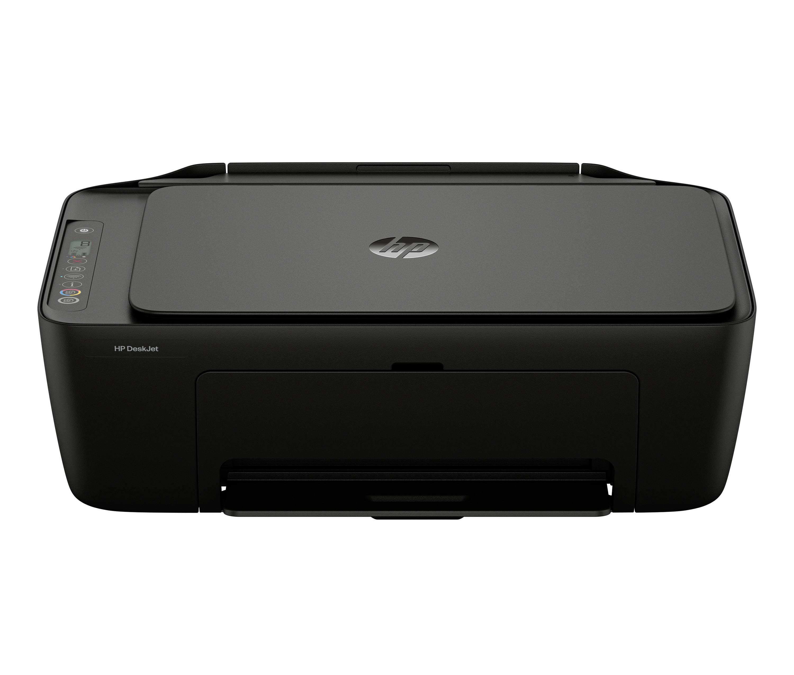 Schwarzer HP DeskJet Multifunktionsdrucker in Frontansicht auf weißem Hintergrund, mit Bedienfeld auf der linken Seite und offener Papierausgabeschacht.