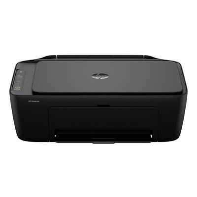 Schwarzer HP DeskJet Multifunktionsdrucker in Frontansicht auf weißem Hintergrund, mit Bedienfeld auf der linken Seite und offener Papierausgabeschacht.