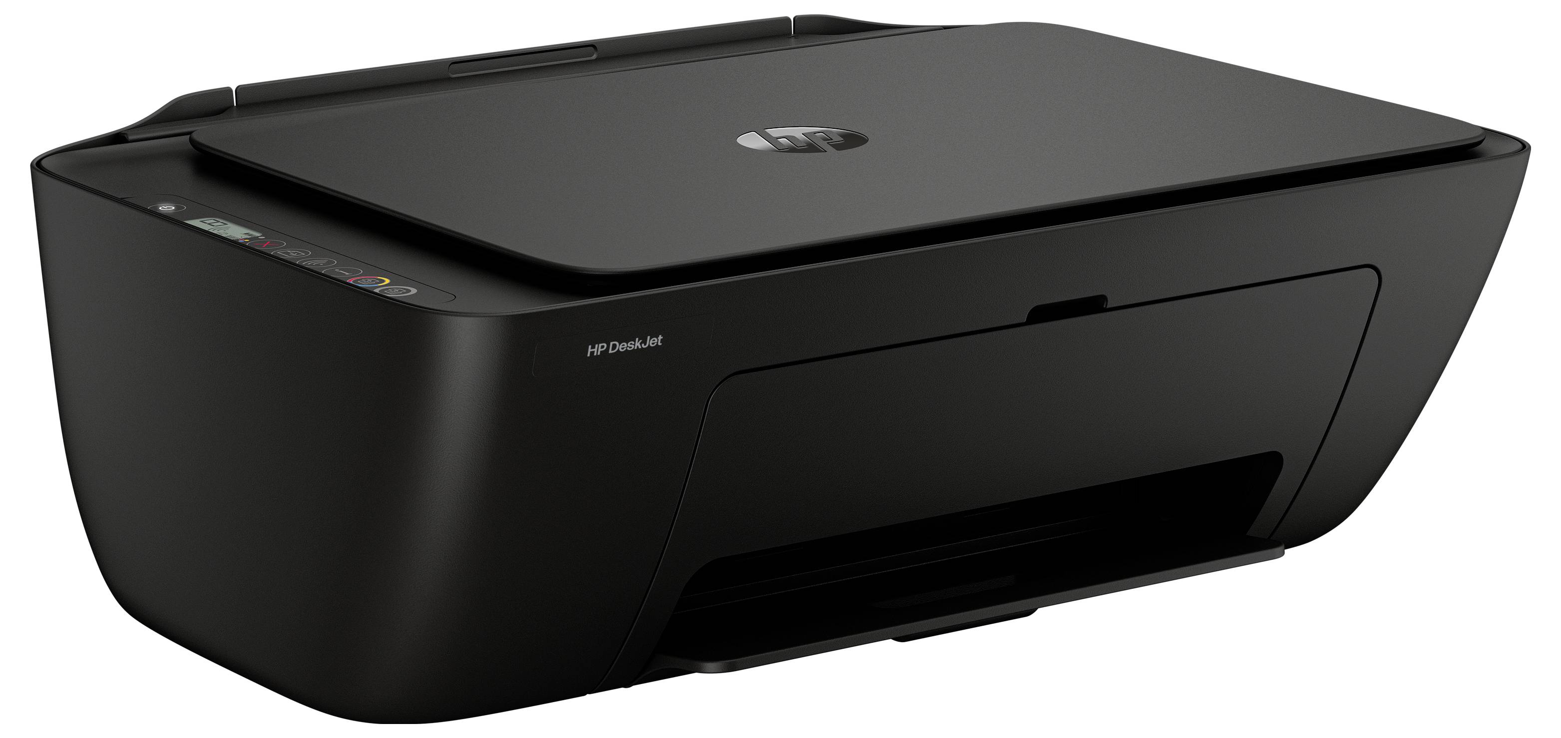 Schwarzer HP DeskJet Multifunktionsdrucker in schräglicher Seitenansicht auf weißem Hintergrund.