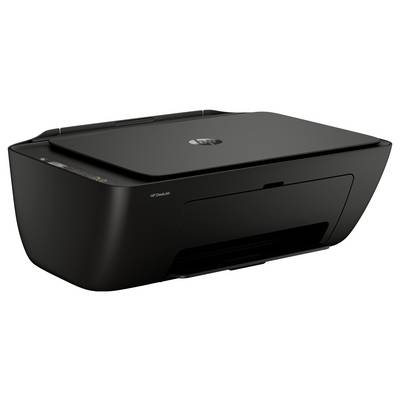 Schwarzer HP DeskJet Multifunktionsdrucker in schräglicher Seitenansicht auf weißem Hintergrund.
