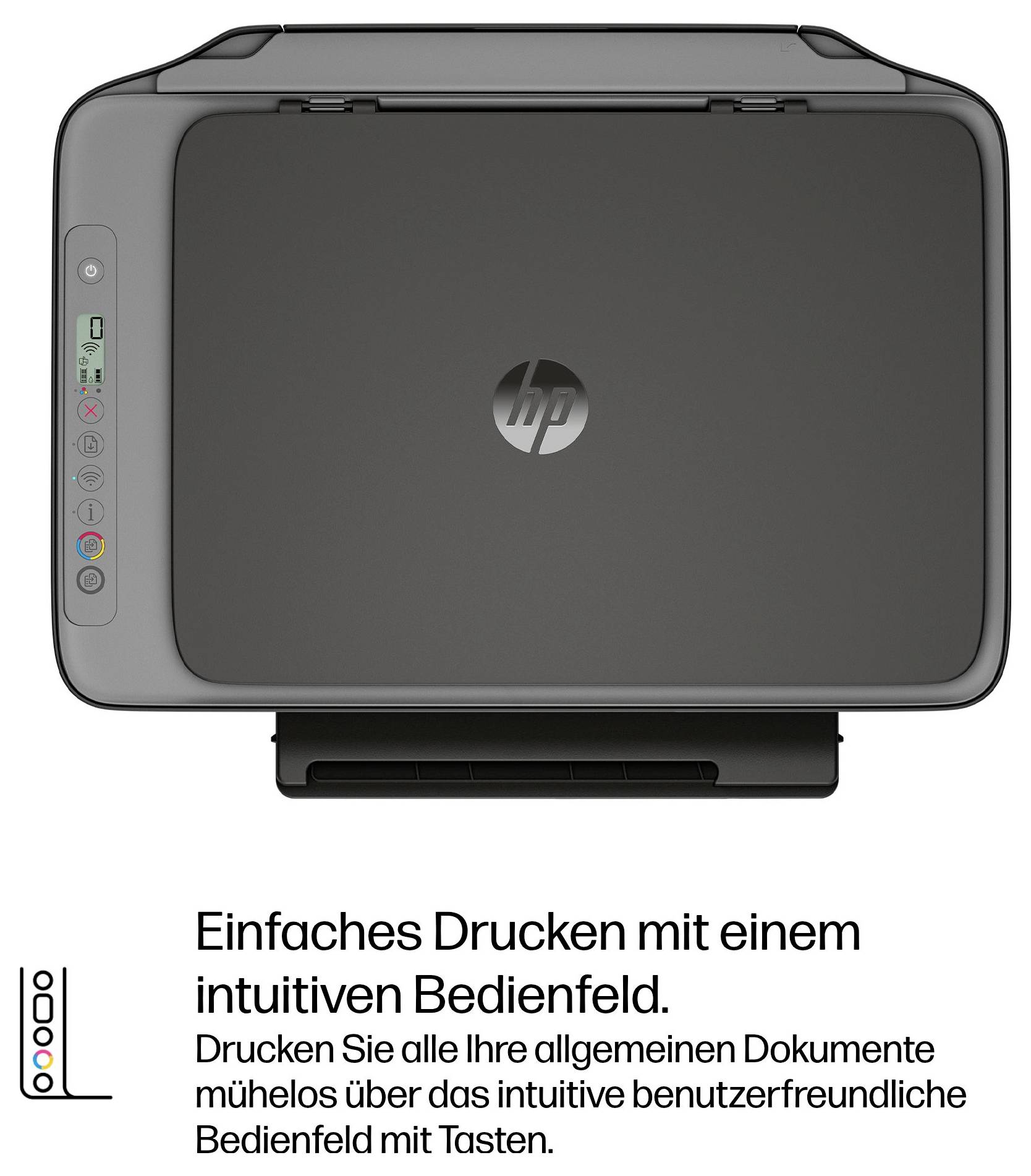 HP-Drucker von vorne gezeigt mit deutschem Text: „Einfaches Drucken mit einem intuitiven Bedienfeld" und einem kleinen Symbol der Bedienblende.