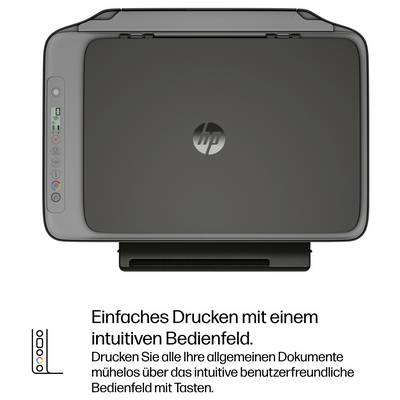 HP-Drucker von vorne gezeigt mit deutschem Text: „Einfaches Drucken mit einem intuitiven Bedienfeld" und einem kleinen Symbol der Bedienblende.