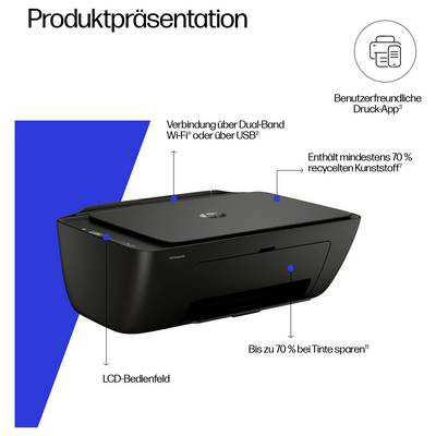 Produktpräsentation eines schwarzen Druckers mit Hinweisen: Dual-Band-Wi-Fi oder USB-Verbindung, benutzerfreundliche Druck-App, mindestens 70% recycelter Kunststoff, LCD-Bedienfeld und bis zu 70% Tinteneinsparungen.