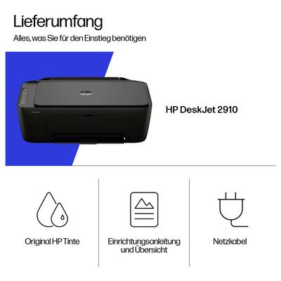 HP DeskJet 2910 Druckerpaketinhalt: Drucker, originale HP-Tinte, Anleitung und Übersicht, und Stromkabel.