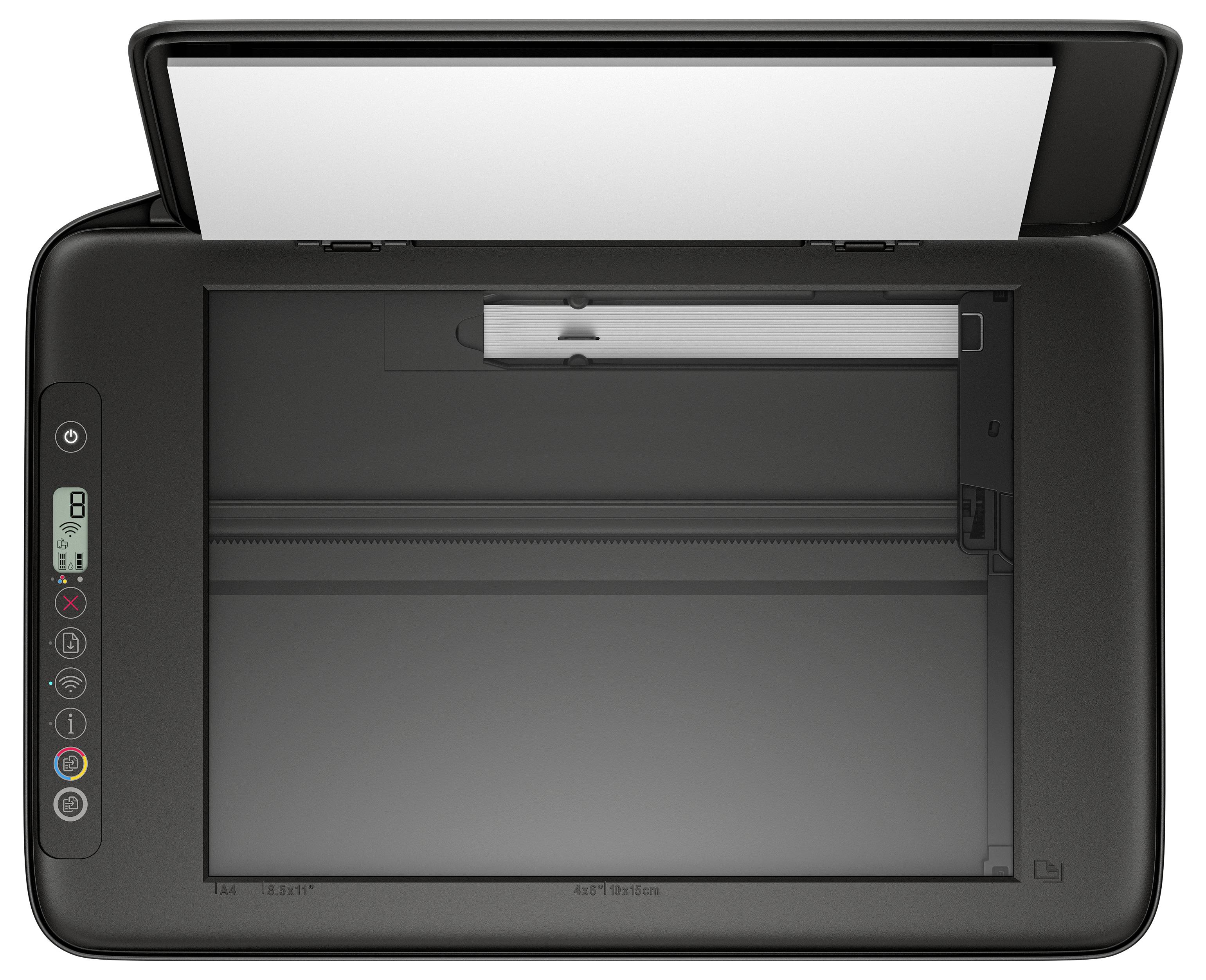 Ein schwarzes All-in-One-Drucker-Scanner-Gerät mit geöffnetem Deckel oben, das leeres Scannerglas und die vordere Bedienungsleiste auf der linken Seite zeigt.