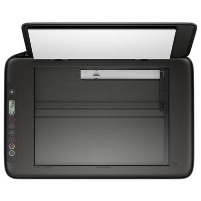 Ein schwarzes All-in-One-Drucker-Scanner-Gerät mit geöffnetem Deckel oben, das leeres Scannerglas und die vordere Bedienungsleiste auf der linken Seite zeigt.