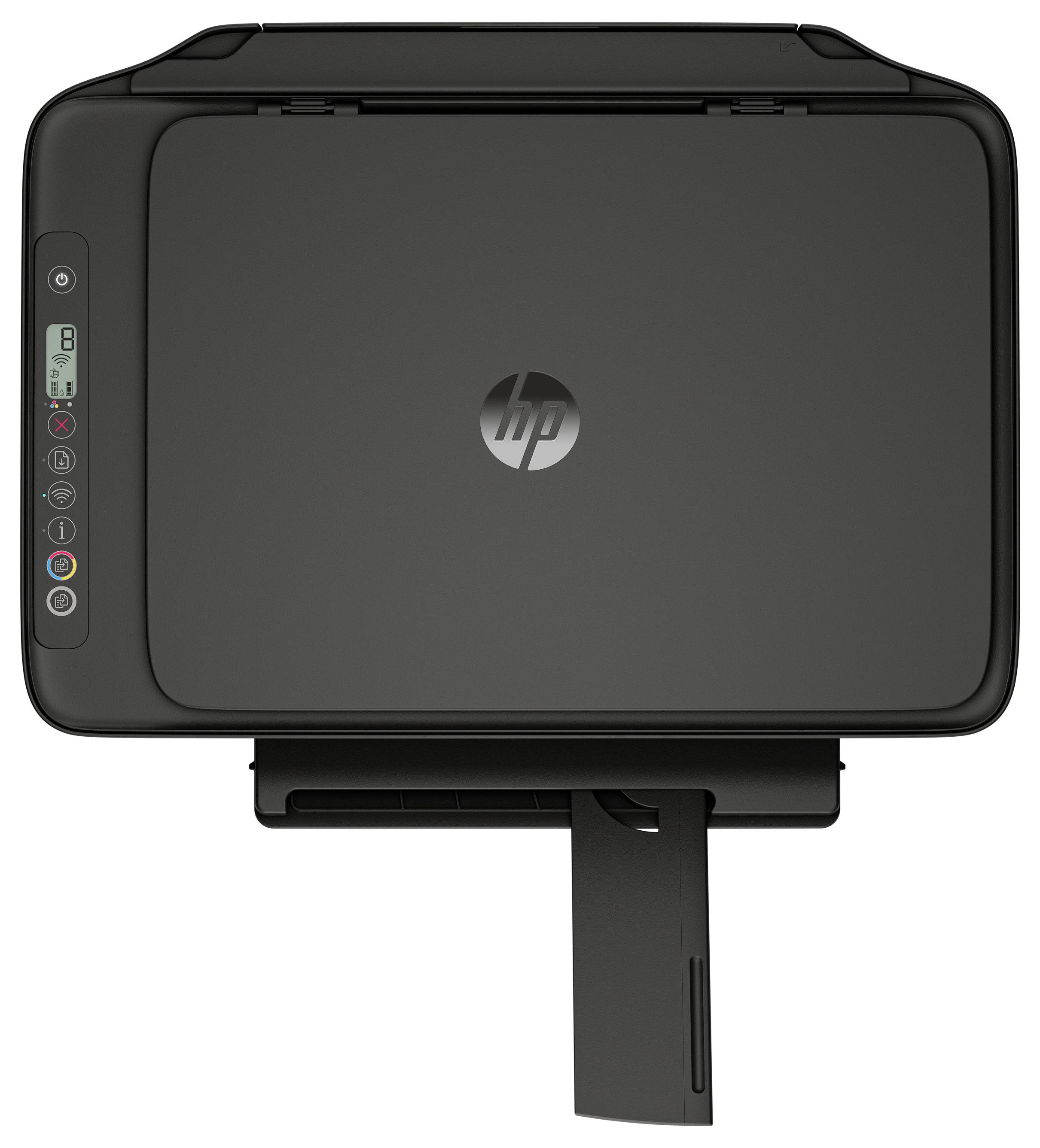 Kompakter HP-Drucker in schwarz, shown in Vorderansicht mit ausgezogenem Papierfach und Bedienfeld auf der linken Seite.