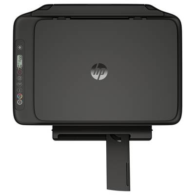Kompakter HP-Drucker in schwarz, shown in Vorderansicht mit ausgezogenem Papierfach und Bedienfeld auf der linken Seite.
