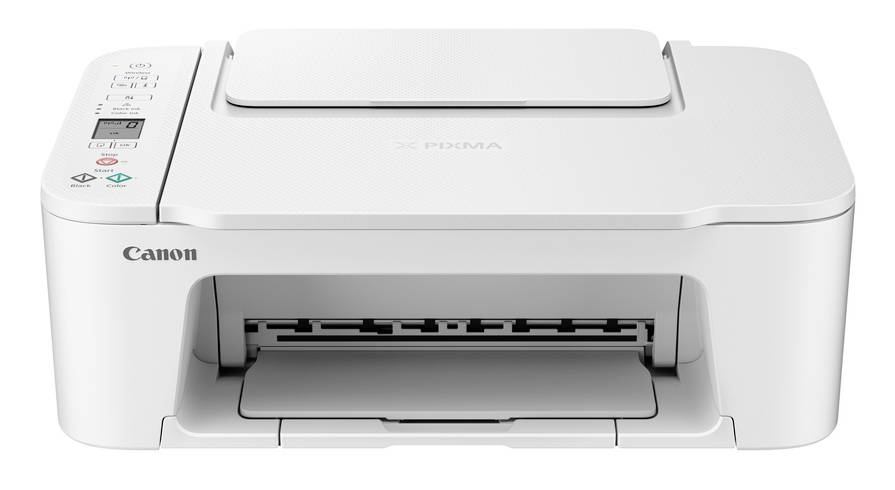 Vorderansicht eines weißen Canon Pixma Multifunktionsdruckers mit sichtbarem Papierfach und Bedienfeld.