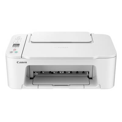 Vorderansicht eines weißen Canon Pixma Multifunktionsdruckers mit sichtbarem Papierfach und Bedienfeld.