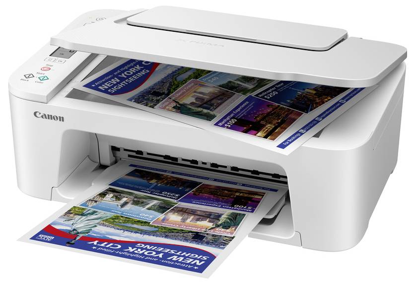 Canon Multifunktionsdrucker scannt und druckt eine farbige Sightseeing-Broschüre von New York, wobei eine Seite aus dem vorderen Ausgabefach austritt.